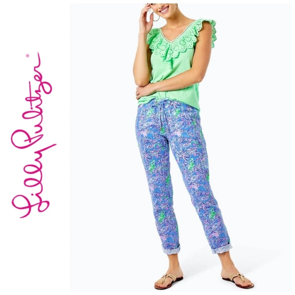 NWT Lilly Pulitzer Linen Taron Pants XL in Blue Peri the Turtle Package Print